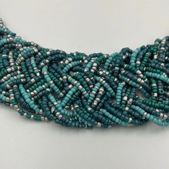 Vintage Turquoise and Silver Small Beads Braided Chunky Statement Necklace - Picture 3 of 9